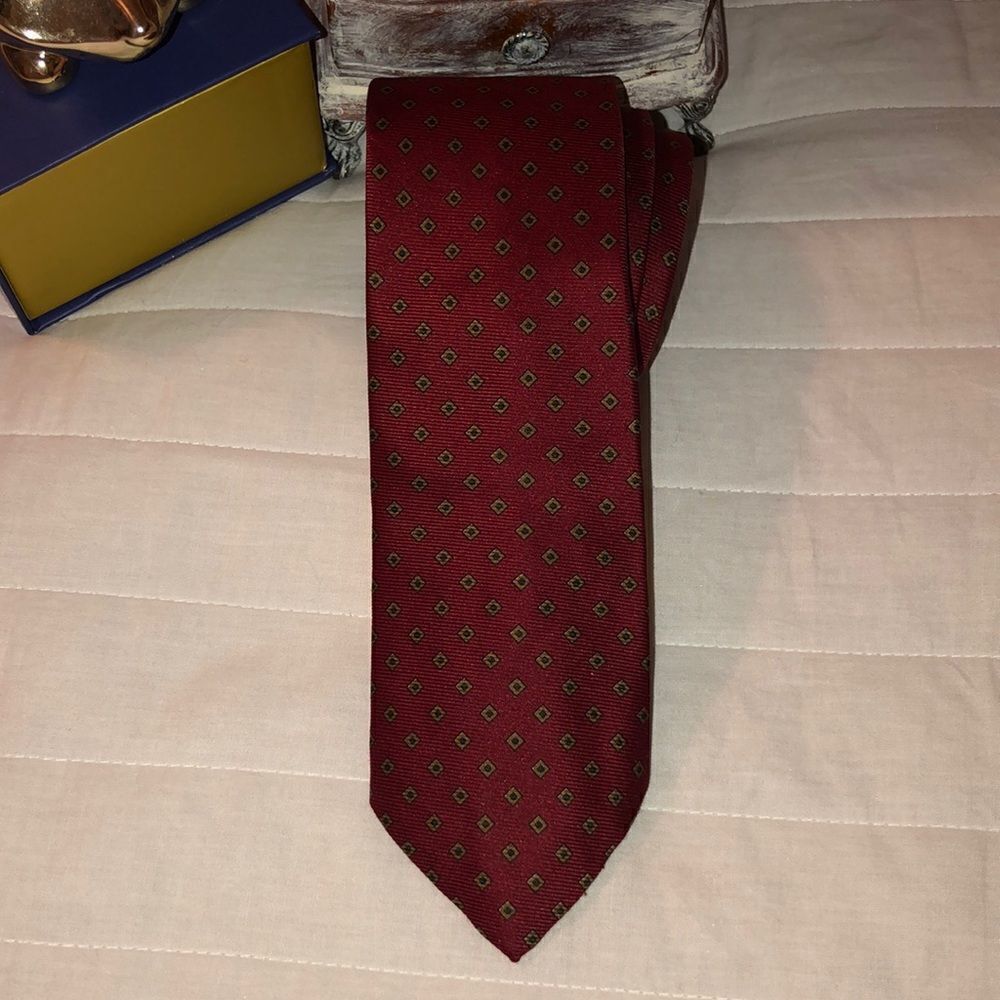 rooster Italy Made Cherry Red Green Gold Square Diamonds Textured Polyester Tie